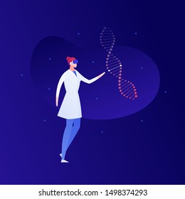 Vector science virtual reality person illustration. Female in coat and vr glasses with dna helix. Concept of innovation in research technology, biology, genetic. Design element for poster, flyer, web