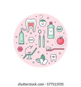 Vector scientific background with outlined icons about dentist equipment. Fun educational style, good for kids. Stomatology and Orthodontics Tools, tooth structure.