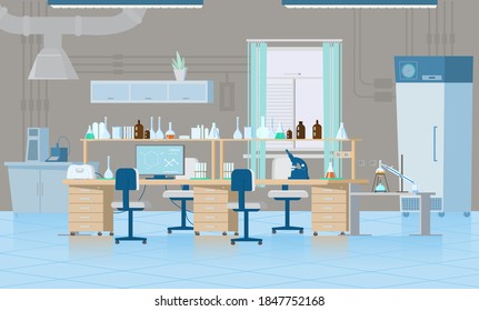 Vector Scientific Chemical Laboratory Interior With Equipment. Workplace With Flasks, Reagents, Microscope, Computer etc. Flat Illustration.