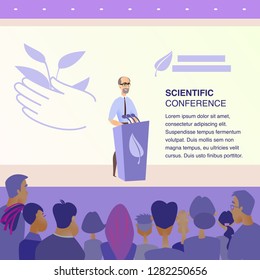 Vector Scientific Conference Protection Nature. Banner Illustration Man in Glasses Gives Speech from Podium. Plan to Protect and Save Planet. Avoidance Environmental Disaster. People Listening Speaker