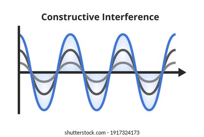 Vector scientific or educational illustration of wave interference – constructive interference. Two waves form a wave of greater amplitude. Vector infographics diagram isolated on a white background