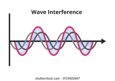  Vector scientific or educational illustration of wave interference – constructive interference isolated on white. Two waves with different phase and lower amplitude form a wave of greater amplitude. 