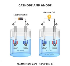 Vector scientific illustration of the electrolysis processes. Set of voltaic galvanic cell and electrolytic cell. Negative and positive cathode and anode, anions, cations isolated on white background.