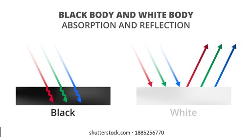 Vector Scientific Illustration Of Light Absorption And Light Reflection Isolated On White. Black And White Surfaces, Black Body, Blackbody And White Body, Whitebody. Physics Color Theory Explanation. 