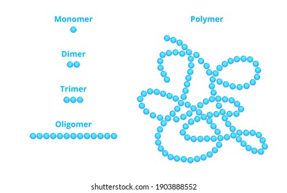 Vektorgrafik von Monomer, Dimer, Trimer, Oligomer und Polymer einzeln auf weißem Hintergrund. Wiederholeinheiten des Monomers als Teil eines Polymers. Konzept der makromolekularen Chemie.