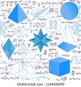 Vector scientific seamless background with 3d geometry figures and handwritten calculations