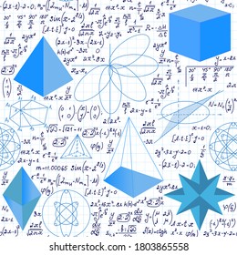 Vector scientific seamless background with 3d geometry figures and handwritten calculations