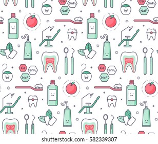 Vector scientific seamless pattern with dentist equipment on white background. Fun iconic style Stomatology and Orthodontics Tools, tooth structure.