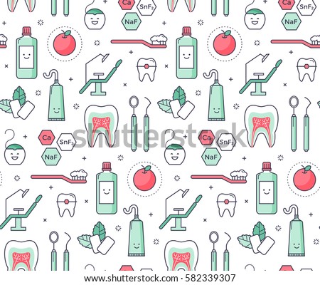 Vector scientific seamless pattern with dentist equipment on white background. Fun iconic style Stomatology and Orthodontics Tools, tooth structure.