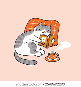 Vector scientist cat reads book and drinks coffee. Cute cat lies, relaxing concept, funny card design or nursery poster.