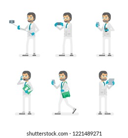 Vector scientist man in lab coat and gloves ready-to-use character gadget using poses set in flat style.