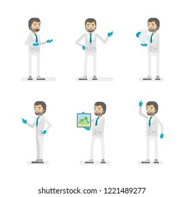 Vector scientist man in lab coat and gloves ready-to-use character marketing and infographic poses set in flat style.