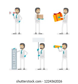 Vector scientist man in lab coat and gloves ready-to-use character marketing and infographic poses set in flat style.