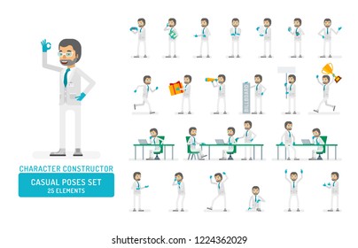 Vector scientist man in lab coat and gloves ready-to-use character casual poses set in flat style. Full length, gestures, emotions, front, side, back view.