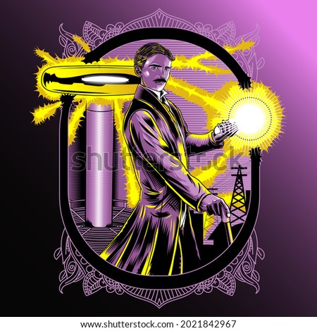 Vector Scientist Nikola Tesla illustration graphic design poster.