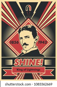 Cartel del vector científico Nikola Tesla. Estilización Obey