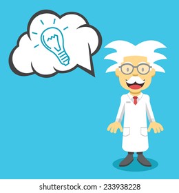 Vector scientist professor and speech bubble with hand drawn idea lightbulb. Creative vector flat illustration. Cute mascot concept. Trendy style graphic design elements. Isolated on blue background.