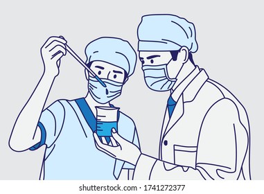 Vector of scientist team has researching in laboratory.