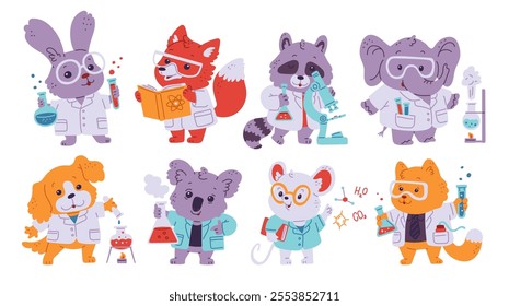 Vector of scientists of animals with a chemical substance in a test tube. The set includes rabbit, fox, raccoon, elephant, dog, koala, mouse, cat in medical gowns.