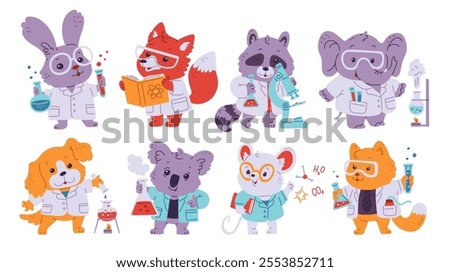 Vector of scientists of animals with a chemical substance in a test tube. The set includes rabbit, fox, raccoon, elephant, dog, koala, mouse, cat in medical gowns.