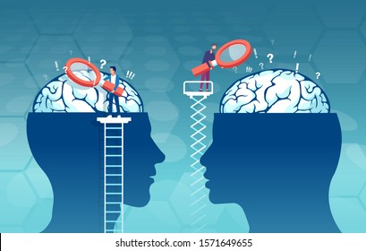 vector of scientists with magnifying glass researching male and female brain looking for psychology differences 