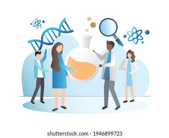 Vector scientists stand with test tube,magnifier,flask,dna,atom. Scientists are exploring something new, making discoveries. People in white medical bathrobe. Physicist, geneticist, biologist in team.