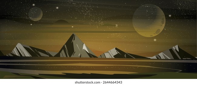 Vetor Sci-Fi Alien World Mountains, Moons e Céu Noturno Cósmico