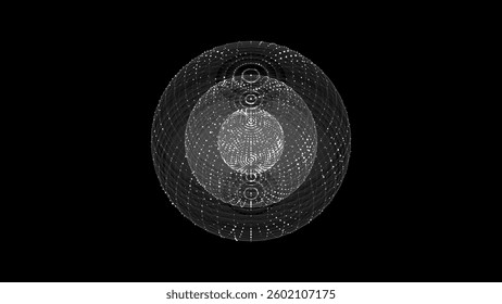 Vector sci-fi black sphere with particles and lines. Concept network connection. Frame sphere. Abstract technology background.