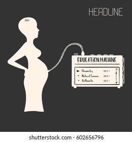 Vector sci-fi illustration of pregnant woman. She is connected to education machine. Fantasy hand-drawn image.