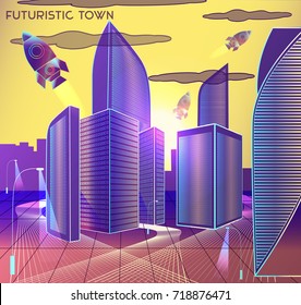 Vector Sci-Fi urban illustration, poster of cityscape.  Vector illustration business startup. Retro city in neon, 80s style. 
