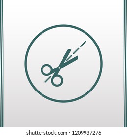 Vector scissors with cut lines isolated on grey background