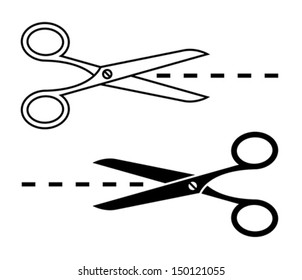 Vector scissors with cut lines. Set of cutting scissors