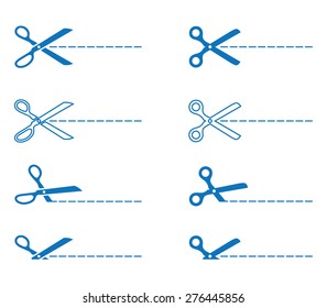 Vector scissors with cut lines. Vector set of cutting scissors