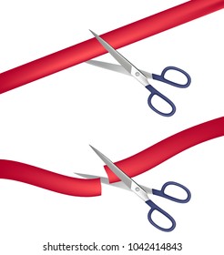 Vector. Scissors cut the ribbon, opening, presentation, start a new, performance to open. Illustrations in 3D.