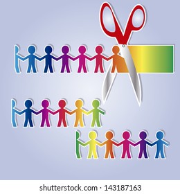 vector scissors cuts paper patterns human figure in different colors