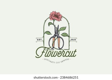 Vector scissors and flower shaped window logo. ancient and artistic vintage style