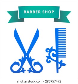 Vector scissors and hairbrush. Tools for Barber. Ornament. Ribbon.