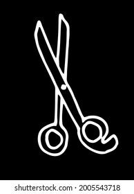 Tijeras vectoriales. tijeras de peluquería de estilo doodle dibujadas a mano con un contorno aislado de blanco sobre negro para una plantilla de diseño. un elemento del salón de belleza es un par de tijeras para cortar el pelo
