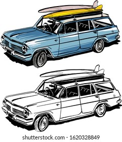 The vector scketch of the family car with surfbords