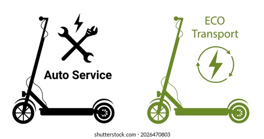 Logotipo de autoservicio de motocicleta vectora con wrenchs y logotipo de transporte ecológico. Afiche de ecología. Logo de reparación de patadas. Diseño de concepto logotipo taller de reparación automática. Ilustración vectorial. 