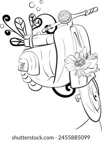 Vector scooter illustration. Vintage motorbike in romantic style. Paris travel love vacation. Black silhouette for circuit