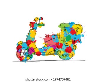 Vector scooter sketch and color spalts over white background