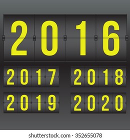 vector Scoreboard 2016, 2017, 2018, 2019, 2020 year,  black and yellow flip sign isolated
