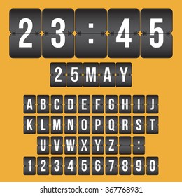 Vector scoreboard Clock. Black and white flip numbers and alphabet isolated on orange background. Abc illustration