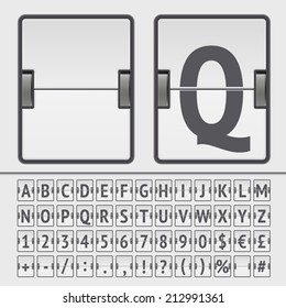 Vector scoreboard font. Realistic flip score board airport template. Airport countdown board alphabet and numbers. Departure analog airport board font on white background. Arrival airport abc