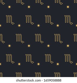 Vector Scorpio seamless gold pattern. Repeating Zodiac sign with stars on a black background