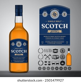 Vector scotch whisky label design template. Whisky glass bottle mockup. Distilling business design elements