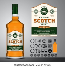 Vector de whisky escocés. Maqueta de botella de vidrio de whisky. Elementos de diseño de la etiqueta de la bebida alcohólica