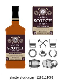 Vector scotch whisky label on a bottle. Distilling business branding and identity icons and design elements.