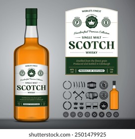 Vector scotch whisky label template. Whisky glass bottle mockup. Distilling business design elements